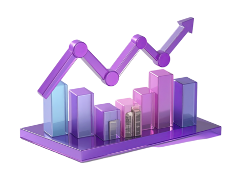 3D graphic of a rising line graph with columns, in shades of purple and lavender, on a platform