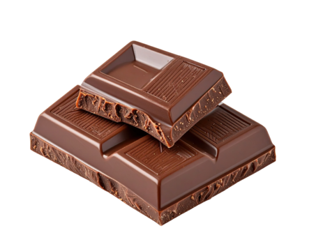 Two dark chocolate bars stacked, broken edges visible