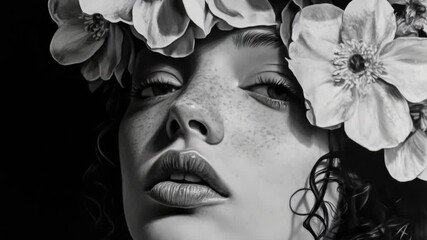 Portrait of a woman with a delicate flower crown and elegant makeup. Black and white art style. - Powered by Adobe