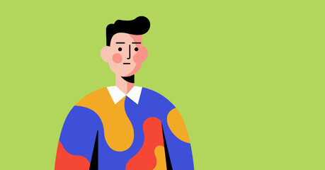 Modern flat design illustration of a man with a neutral expression in a colorful, abstract shirt against a vibrant green background. Ideal for diverse business and lifestyle concepts.