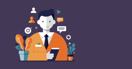 A friendly businessman uses a tablet in his office, surrounded by icons representing communication, teamwork, and growth, symbolizing modern business success and digital communication.