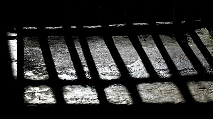 Dark, shadowy interior with metal bars casting lines on a stone floor