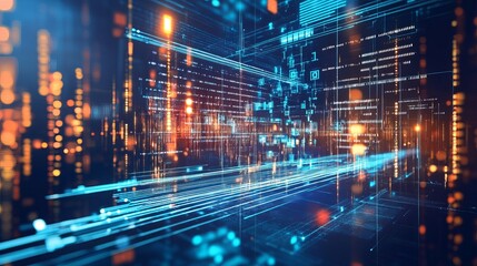 Dynamic digital cityscape with glowing data streams and futuristic network connections illuminating the night