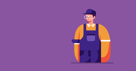 Modern flat illustration of a friendly man in blue overalls, yellow shirt, and glasses. Versatile graphic for business, service, or casual lifestyle concepts.