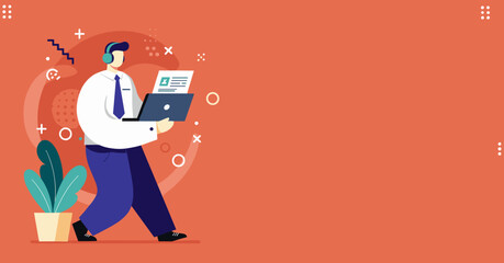 Professional person with headphones works on laptop, holding a document, against a vibrant orange background. Perfect for business, remote work, or customer service illustrations.