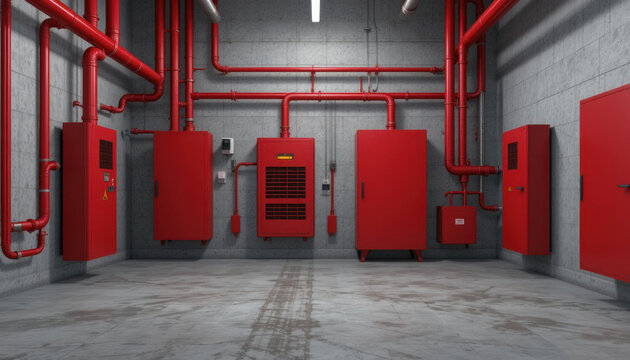 Room with red industrial control panels and pipes on concrete walls, creating utilitarian and organized atmosphere. floor is clean, and lighting is bright, enhancing industrial feel