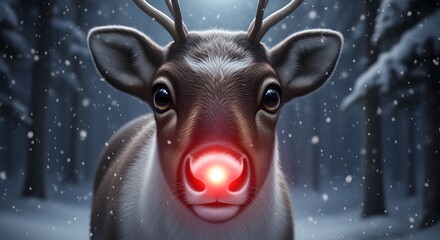 Majestic reindeer with glowing red nose stands in a snowy winter forest