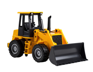Yellow toy bulldozer with black attachments