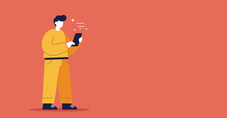 Modern illustration of a man engaged with a smartphone or tablet, representing digital communication, social media, and online interaction. Ideal for technology, business, or lifestyle concepts.