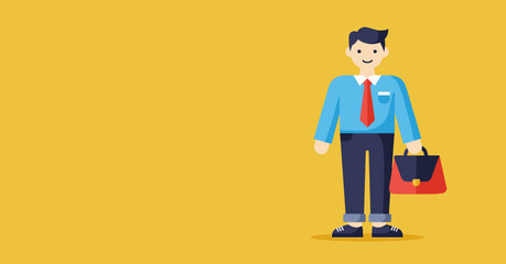 Smiling professional businessman illustration holding a briefcase on a vibrant yellow background. Perfect for concepts of career, success, and corporate lifestyle.