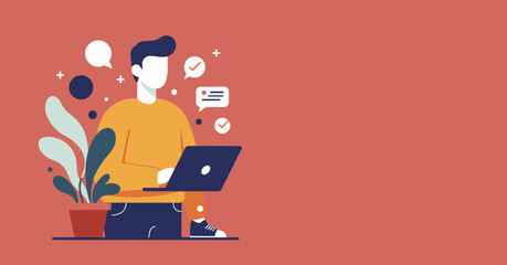 Modern illustration of a person working on a laptop, surrounded by communication bubbles and task indicators, depicting productivity and a digital lifestyle.