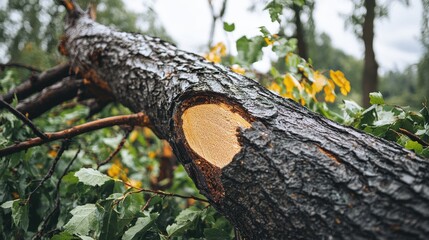 A fallen tree with fresh cut surface, lies among green leaves. Show nature's force or lumber industry in your creative project.