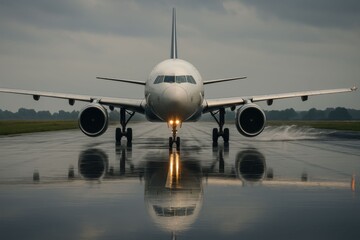 Obraz premium Airplane taxiing on a wet runway with reflection in the water after rain.