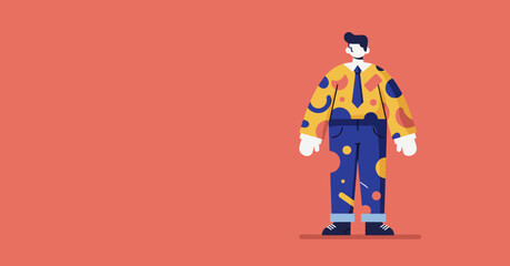 Stylized illustration of a confident man in a vibrant, patterned shirt and tie, symbolizing individuality and creative business. Ideal for modern corporate or lifestyle concepts.