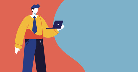 Professional man in modern illustration holding a laptop, symbolizing digital communication, business, and remote work. Ideal for technology concepts and corporate presentations.