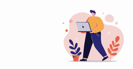 Modern man walks while working on a laptop, symbolizing mobile productivity, remote work, and digital innovation. Ideal for business and tech.