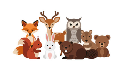 Fototapeta premium Cartoon Forest Animals Illustration Featuring Fox, Deer, and Owl.