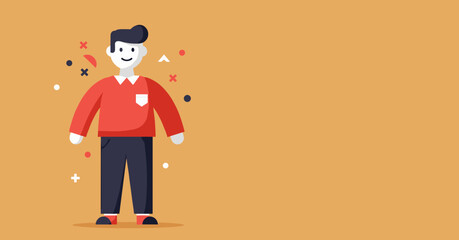 Cheerful flat design illustration of a man in red, standing against an orange background with dynamic elements, ideal for business, marketing, or casual lifestyle themes.