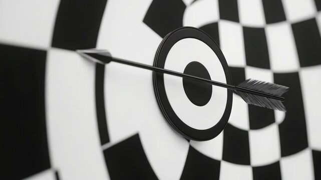A dart hitting a target on a dartboard. The s the sport of archery and the skill involved in hitting the bullseye.