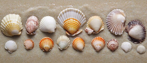 Colorful Seashells on Sand - Ocean Element Display / Coastal Decoration Material / Natural Biological Specimen