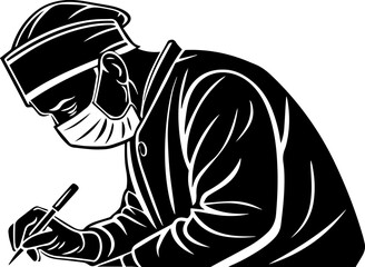 Surgeon in Scrubs and Mask - Black and White Vector Illustration