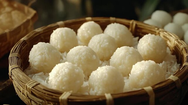 Close up of baked rice cakes in a woven basket, symbolic of traditional Japanese food.