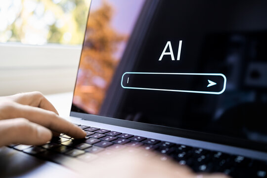 AI generate content with prompt in laptop. Text or image generator at work using computer. Search with artificial intelligence. Create virtual digital photo with technology.