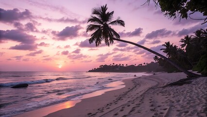 Tranquil tropical paradise with a silhouette of a palm tree against a stunning pink and purple sunset sky over the ocean