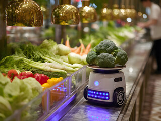 White Robot Holding Green Broccoli in a Salad Bar Setting