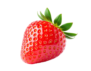 Single, bright red strawberry with green leaves