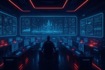 Futuristic Control Room with Holographic City Display and Single Operator.