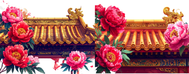 Set of Chinese Temple Roof with Flowing Peonies, Ornamental Illustration, Transparent PNG