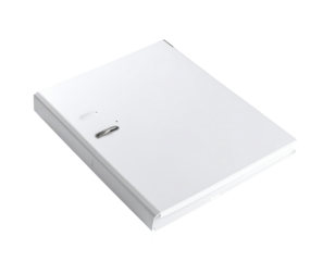 White, rectangular,  rigid binder with metal ring