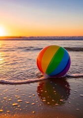 Obraz premium Colorful beach ball sits on the shoreline at sunset, reflecting the vibrant hues of the sky.