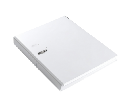 White, rectangular,  rigid binder with metal ring