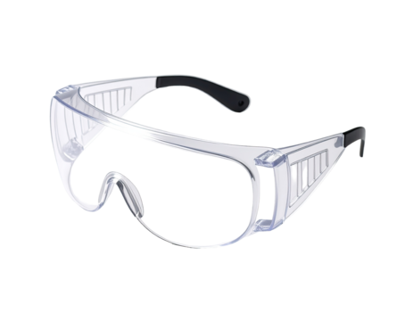 Clear safety glasses with wide, transparent lenses and side shields