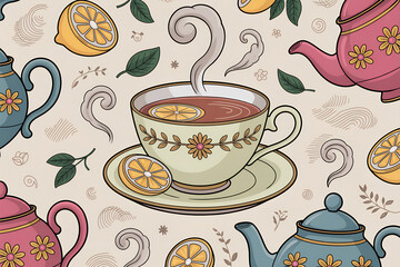 Tea cup with lemon slices and teapots in colorful pattern design  