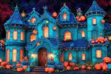 Spooky teal Halloween house, lit by pumpkins
