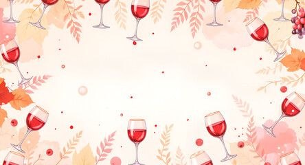 Watercolor pattern of wine glasses with autumn leaves and grapes  
