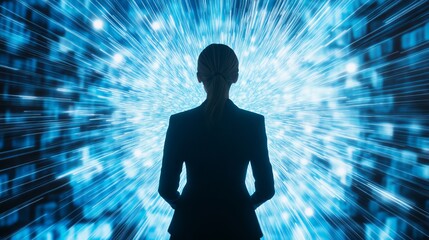 Confident businesswoman facing digital data stream, embracing future innovation and global connectivity