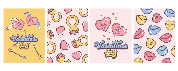 Happy Valentine's Day. Set of Valentine backgrounds. Cute Comic hearts, Kissing lips, rings with diamond, cupid arrow. Retro valentine cards in 60s 70s cartoon style. Vector
