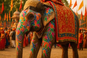 Obraz premium Majestic Elephant Adorned with Colorful Paint for a Cultural Celebration.