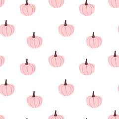 Cute hand-drawn seamless pattern with soft pink pumpkins. The image can be printed on wrapping paper and canvas, used in children's posters or on website banners. Autumn, Thanksgiving