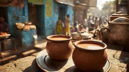 Indian street food chai tea masala beverage in clay cups traditional drink culture of india asia travel
