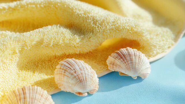 Seashells laid out for collection or display, with a beach-towel backdrop.
