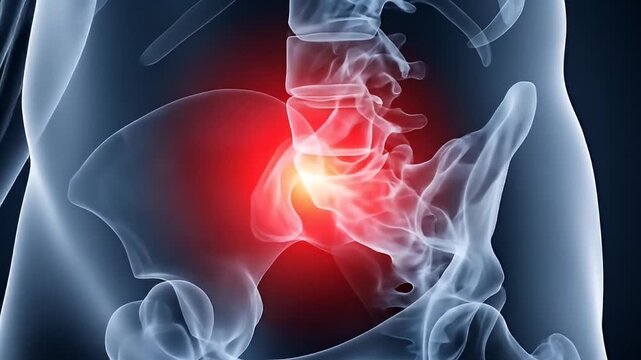 Lumbar Spinal Pain Radiograph Image Of Human Torso Against Transparent Background With Glowing Red and Yellow Spot Depicting Injury With No Faces Or Hands