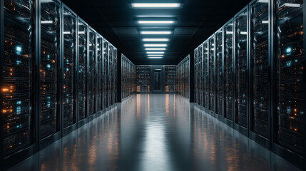 Obraz premium Server racks in a data center stand neatly in rows, symbolizing technology, organization, connectivity, and the backbone of modern digital infrastructure.