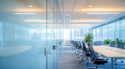 Modern office space with glass partitions and rows of desks