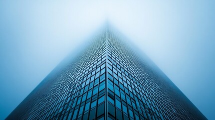 Modern skyscraper corner, shrouded in a misty atmosphere