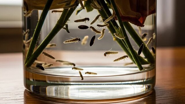 Close-up view of mosquito larvae wiggling in a clear vase filled with water and plant stems, highlighting their aquatic stage